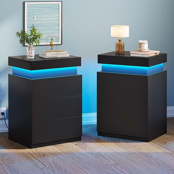 BTHFST LED Nightstands Set of 2,Night Stands for Bedroom Set of 2,Nightstand with Charging Station and Sliding Top,Bedside Table with Power Outlets & Drawers,Modern End Side Table (Black) - Product Image