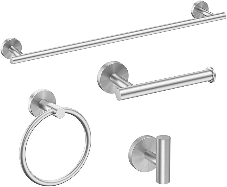 USHOWER Brushed Nickel Bathroom Hardware Set, Modern 24-Inch Towel Bar Set Wall Mounted, Durable SUS304 Stainless Steel Bathroom Accessories Set, 4-Piece - Product Image