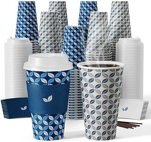 JOLLY CHEF 16 oz Coffee Cups with Lids 100 Pack, Disposable Hot Paper Coffee Cups with Lids, Sleeves and Stirrers for Christmas, Thanksgiving, Party - Product Image