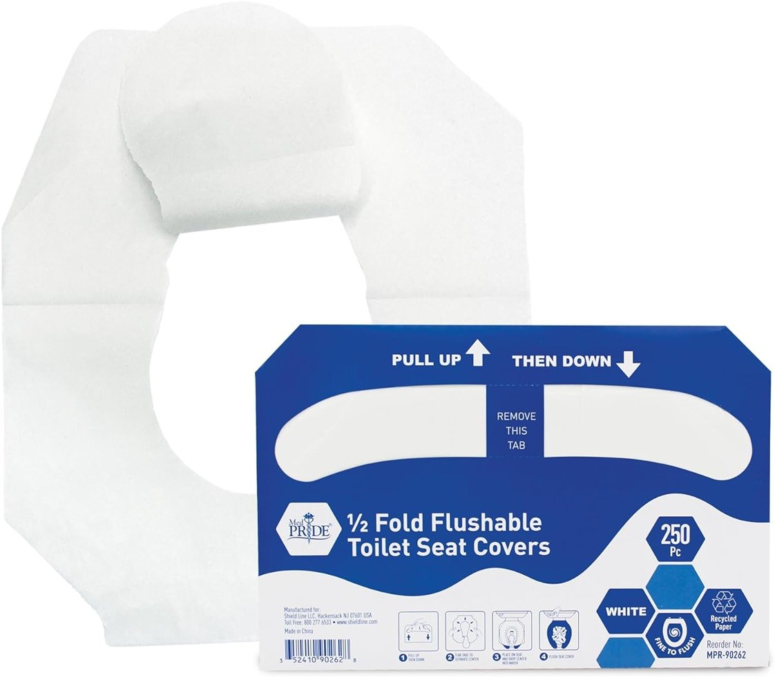 MED PRIDE Eco-Friendly Bathroom Protector Sheets - Septic Safe-Disposable Toilet Seat Covers [Pack of 250] - Flushable Toilet Seat Covers For Travel & Public Restrooms- White half-fold liners - Product Image