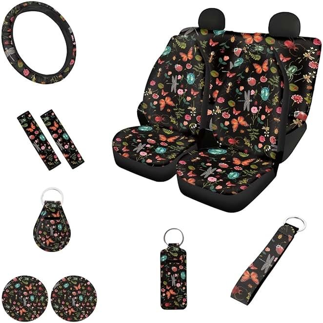 FUIBENG Wild Forest Daisy Auto Seat Covers with Cute Animal,12 Pcs Full Set Car Front Split Bench Seat Covers+Elastic Steering Wheel Wrap+Safety Seatbelt Pad+Key Chain Sets for Women Men - Product Image