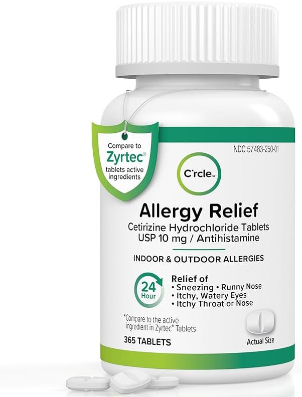 Cetirizine HCL 10mg 365 Tablets - Allergy Pills Non Drowsy & 24 Hour Allergy Medicine - Antihistamine Runny Nose, Itchy & Watery Eyes - Product Image