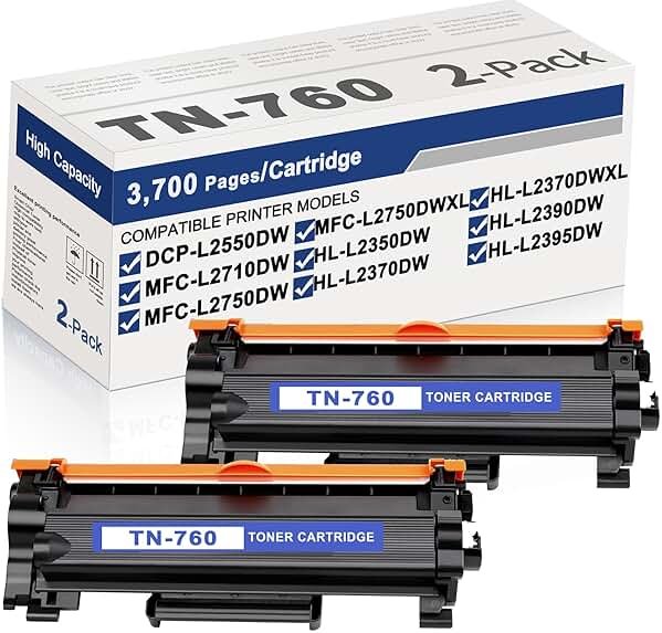 TN760 Toner Cartridge Replacement for Brother TN-760 High Yield Black Toner MFC-L2710DW MFC-L2750DW HL-L2350DW HL-L2395DW DCP-L2550DW Printer 2-Pack - Product Image