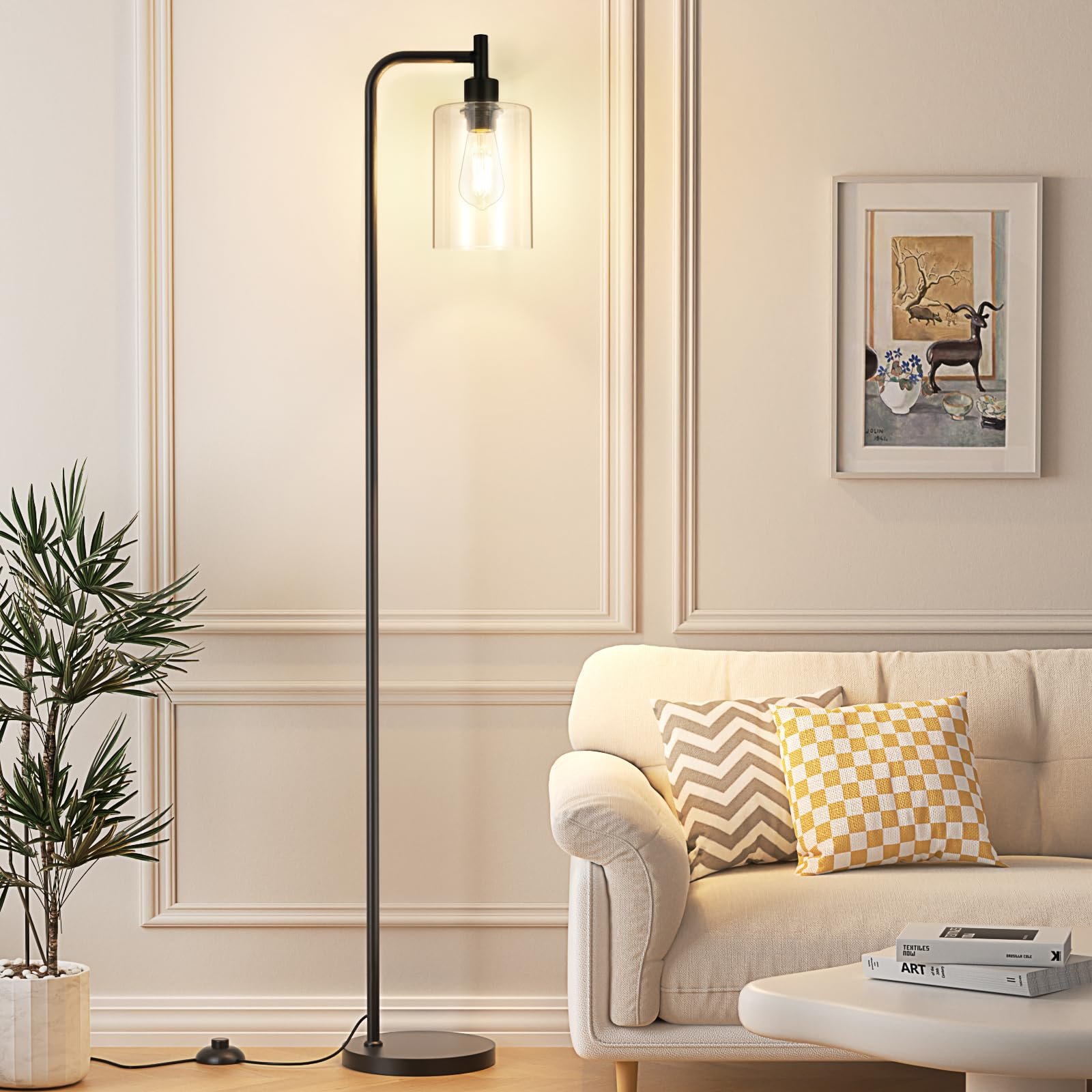 Ziisee Industrial Floor Lamp with Glass Shade - Black, LED Bulbs, Foot Pedal Switch, Easy Assembly - Product Image