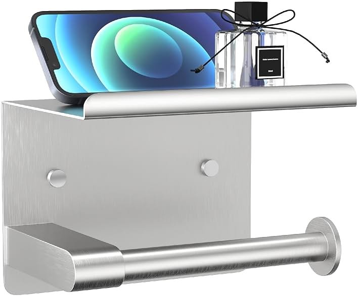 GLNLQ Brushed Nickel Toilet Paper Holder Wall Mount, Fits Mega Rolls Size Sliver Toilet Paper Holder with Shelf, Rustproof Stainless Steel Toilet Paper Roll Holder, Toilet Tissue Holder for Bathroom - Product Image