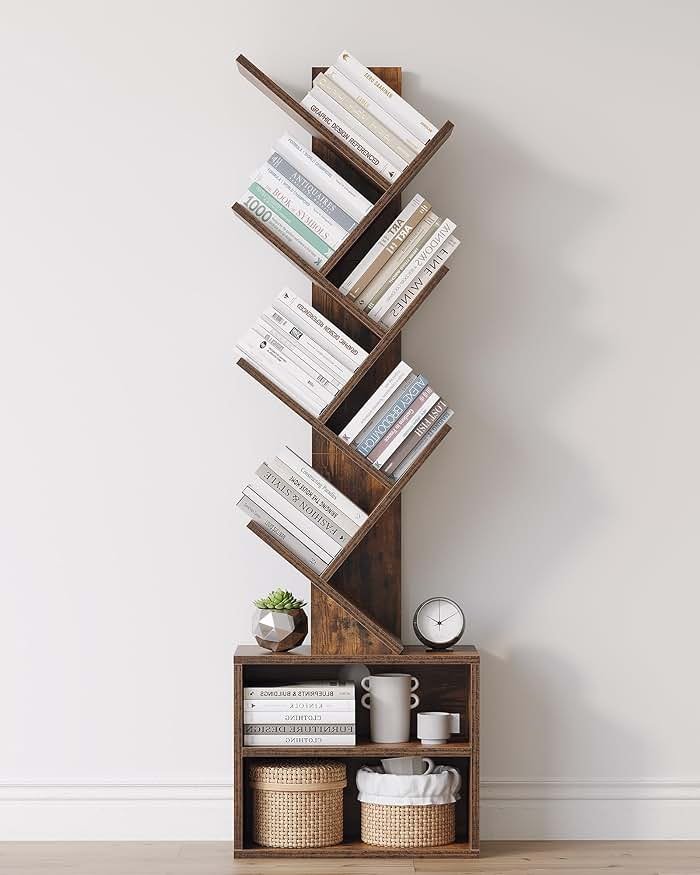 SUNMORY 6 Tier Tree Bookshelf, Small Bookcase with Storage Cabinet, Modern Tall Narrow Bookshelves Organizer, Floor Standing Book Shelf for Bedroom/Living Room/Home Office/Corner, Rustic Brown - Product Image