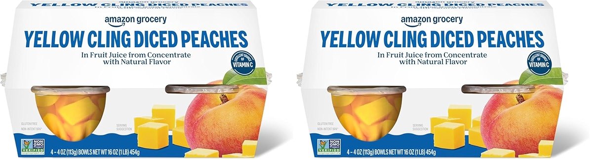 Amazon Fresh, Yellow Cling Diced Peaches in Fruit Juice, 4 Oz Bowls (Previously Happy Belly, Packaging May Vary) (Pack of 8) - Product Image