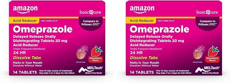 Amazon Basic Care Omeprazole Delayed Release Orally Disintegrating Tablets, 20 mg, Acid Reducer, Strawberry Flavor, 14 Count (Pack of 2) - Product Image