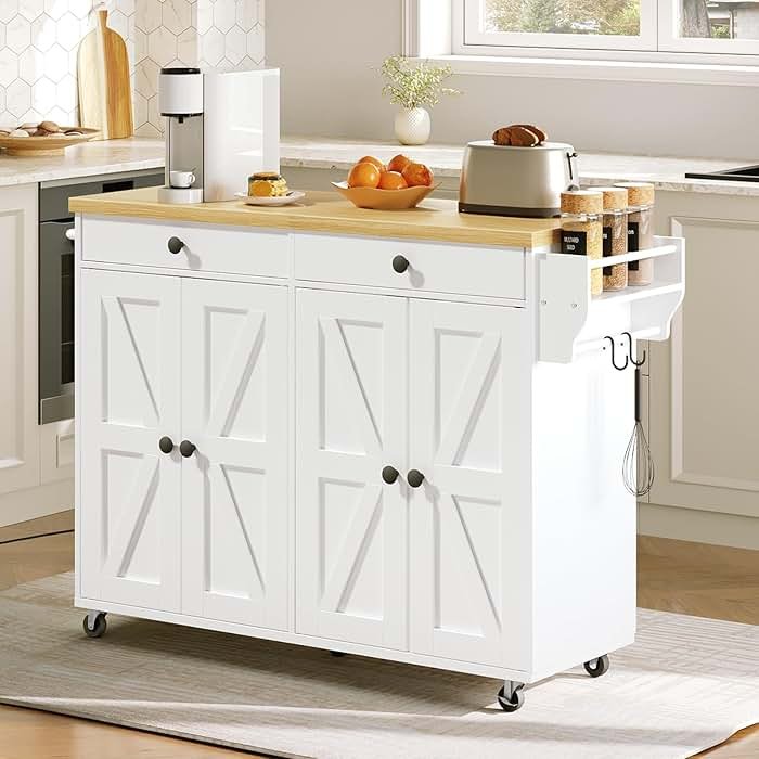 HOOBRO Kitchen Island with Power Outlet, Rolling Kitchen Island with Storage, Kitchen Island Cart with Spice Rack and Hooks, for Dining, Living Room, White and Natural WN11UZD01 - Product Image