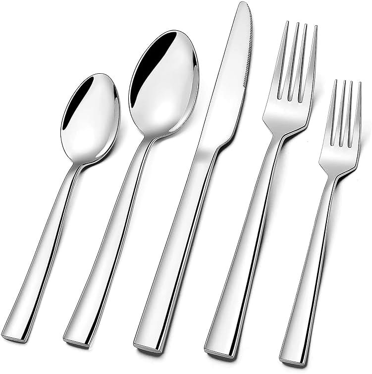 Silverware Set for 2, CXJY 10-Piece Stainless Steel Flatware Cutlery Set, Square Edge Kitchen Utensil Include Knives/Forks/Spoons, Tableware for Home/Hotel, Mirror Polished Dishwasher Safe - Product Image