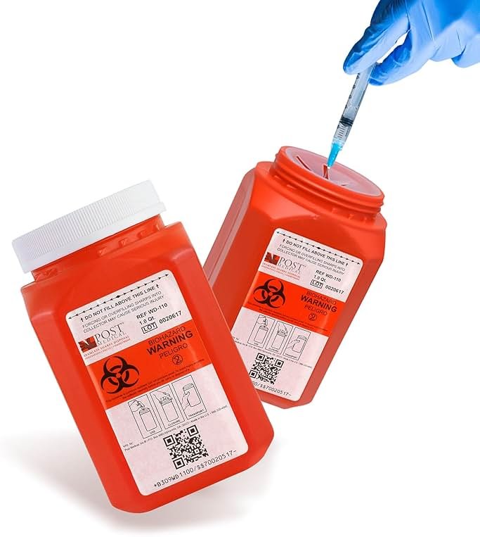 Post Medical - 1.0 Quart Sharps Container - Case of 6, Puncture-Resistant Disposal for Needles & Syringes, Leak-Tight Biohazard Container With Screw Cap Lid, Red - Product Image