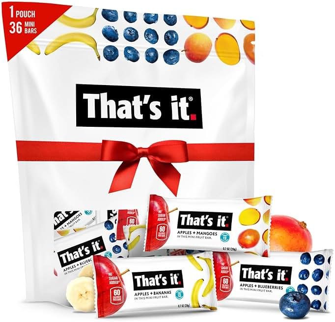 That's it. Mini Fruit Bars Gift Pouch (Variety 36 Count) No Sugar Added, Plant-Based, Vegan & Gluten Free, Paleo, Non GMO, Fiber (12 Banana, 12 Blueberry, 12 Mango) - Product Image