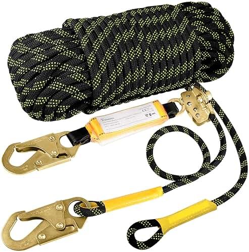 TRSMIMA Rope Harness Safety Lanyard：50ft Vertical Roofing Rope with Grab Snap Hooks Shock Absorber - Fall Protection Tree Climbing Line Kit Heavy Duty Roof Safety Equipment ANSI CE - Product Image
