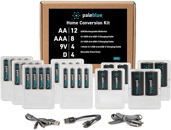 paleblue USB Rechargeable Battery Home Conversion Kit for Sustainable Living – Includes (12) AA, (8) AAA, (4) 9V, (4) D Batteries, and (3) USB-A to USB-C Charging Cables - Product Image