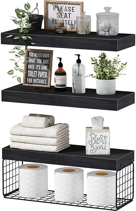 QEEIG Bathroom Shelves Over Toilet - Wall Mounted Floating Shelves Toilet Paper Storage Small Farmhouse Decor Shelf 16 inch Set of 3, Black (019-B3) - Product Image