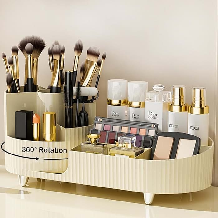 Rotating Makeup Organizer for Vanity with Brush Holder, Cosmetic Makeup Storage Organizer, Large Spinning Makeup Skincare Organizer, Countertop Makeup Perfume Organizer, Lotions Display Case Ivory - Product Image