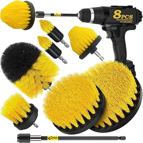 Holikme 8 Piece Drill Brush Attachments Set, Power Scrubber with Extend Long Attachment，Cleaning Supplies for Bathtub, Shower, Grout, Tile(Yellow) - Product Image