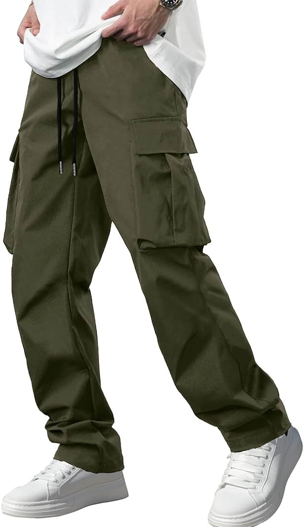 Comdecevis Men's Casual Cargo Pants Workout Joggers Stretch Sweatpants Hiking Drawstring Tactical Pants with Multi Pockets - Product Image