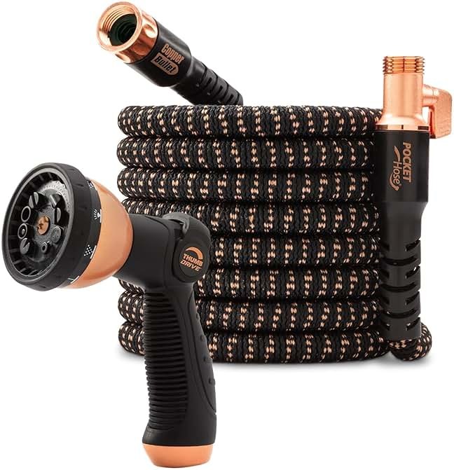 Pocket Hose 75 FT Copper Bullet Expandable Garden Hose w/10 Pattern Thumb Spray Nozzle AS SEEN ON TV 650psi 3/4 in Patented Lead-Free Ultra-Lightweight Solid Copper Anodized Aluminum - Product Image