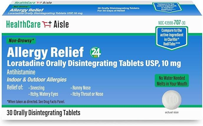 HealthCareAisle Allergy Relief - Loratadine 10 mg Orally Disintegrating Tablets USP - 30 Tablets - Original Prescription Strength ​ Allergy Medication, 24-Hour Relief​ - Product Image