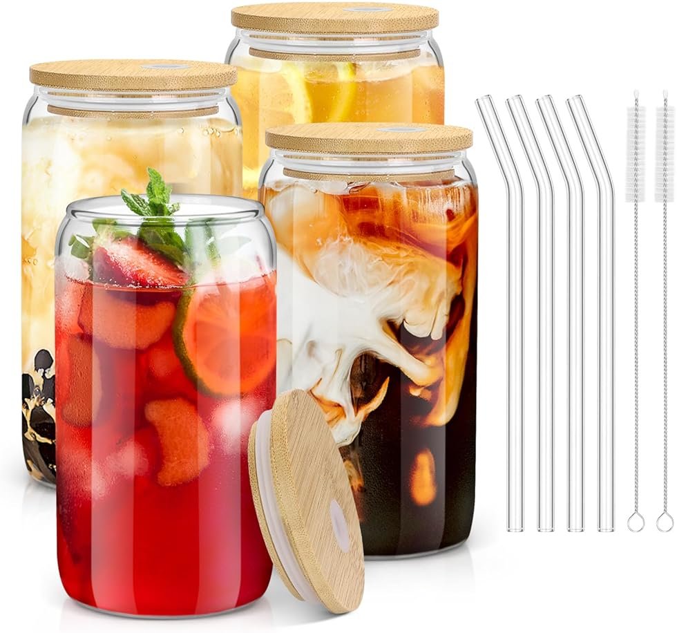 sungwoo 4PCS Glass Cups with Bamboo Lids and Straws, 16OZ Ice Coffee Cup, Drinking Cup set with Wooden Lids, Home Essential Glass Tumblers for Beer, Cocktail, Tea and Latte Clear - Product Image