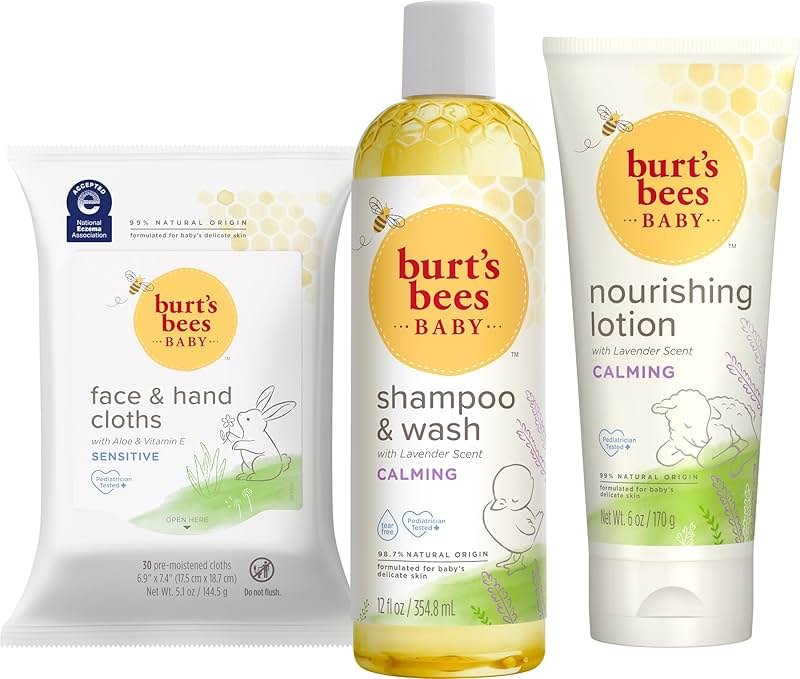 Burt's Bees Baby Gift Set for Baby Showers, Includes Baby Essentials, Shampoo and Wash with Lavender, Body Lotion, Wipes and Cloths, Naturally-Derived Origin Skincare, 3 Count - Product Image