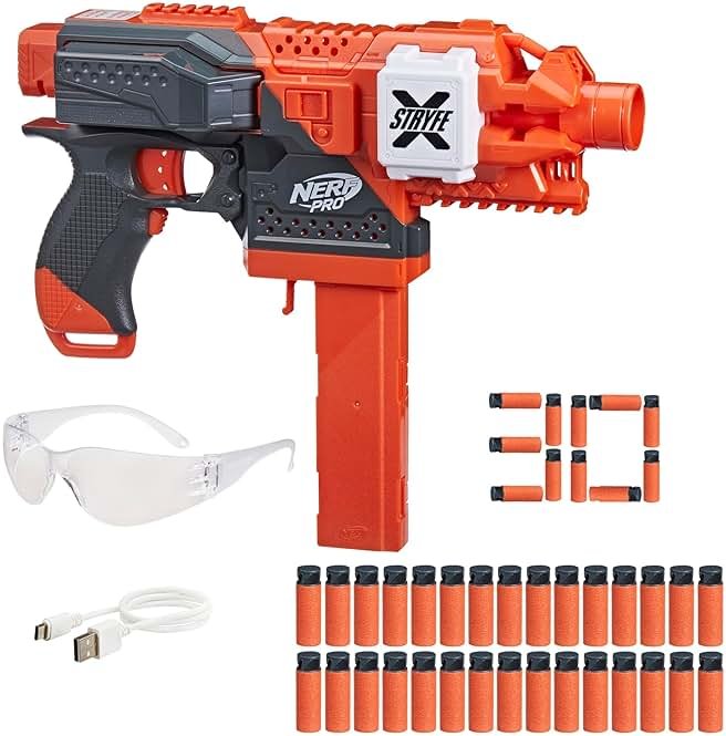 NERF Pro Stryfe X Dart Semi-Auto Blaster, Rechargeable LiPo Battery, 30 AccuStrike Half-Length Darts, 15-Dart Magazine, 150 FPS, Eyewear, 14+ (Amazon Exclusive) - Product Image