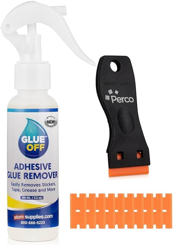 Perco Glue Off Adhesive Remover - New Stronger Formula! - 3.3 oz with Scraper & Plastic Razor | Glue Remover Spray Effortlessly Erase Adhesive Hassles & Car Stickers - for Label Sticker Residue - Product Image