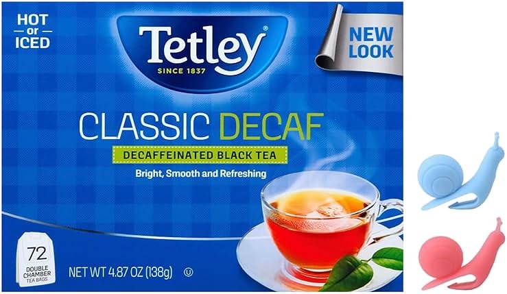 Tetley, Decaffeinated Classic Black Tea Bags, 72 Double chamber Tea Bags | Served Hot or Iced and Bundled with 2 Snail Shape Tea Bag Holder clip Drink Markers for Cup, Mug In a Soko Smiles Bag. - Product Image