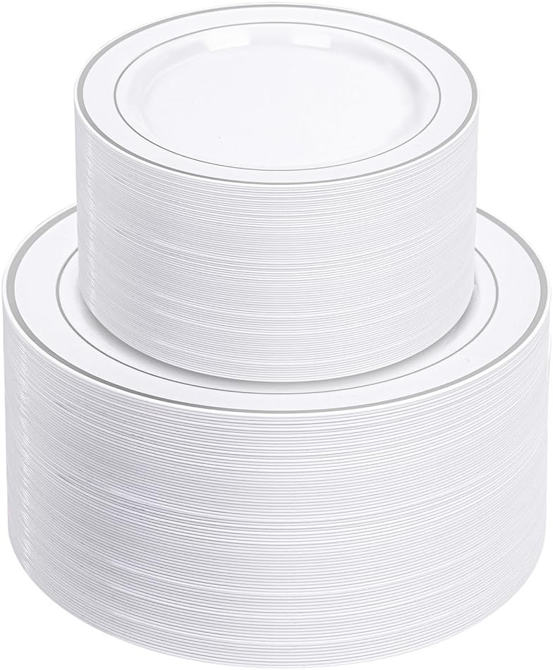 NOCCUR 200PCS Silver Plastic Plates Disposable for 100 Guests - Include 100 Dinner / 100 Dessert Plates Heavy Duty - Ideal for Party/Wedding/New Year - Product Image