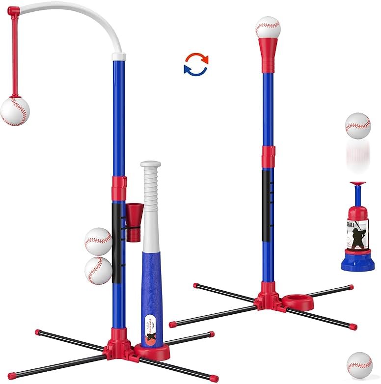 HYES 3-in-1 Baseball Set for Kids 3-5 - Tee Ball Stand, Hanging Tee, Ball Launcher and 6 Softballs - Adjustable Height, Indoor/Outdoor Sport Gifts for Boys Girls, Blue - Product Image