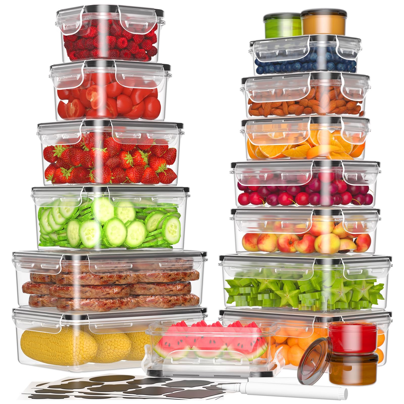 KEMETHY 36-Piece Food Storage Containers with Lids(18 Container & 18 Lid), Plastic Food Containers for Pantry & Kitchen Storage and Organization, BPA-Free, Leak Proof, Reusable with Labels & Pen - Product Image