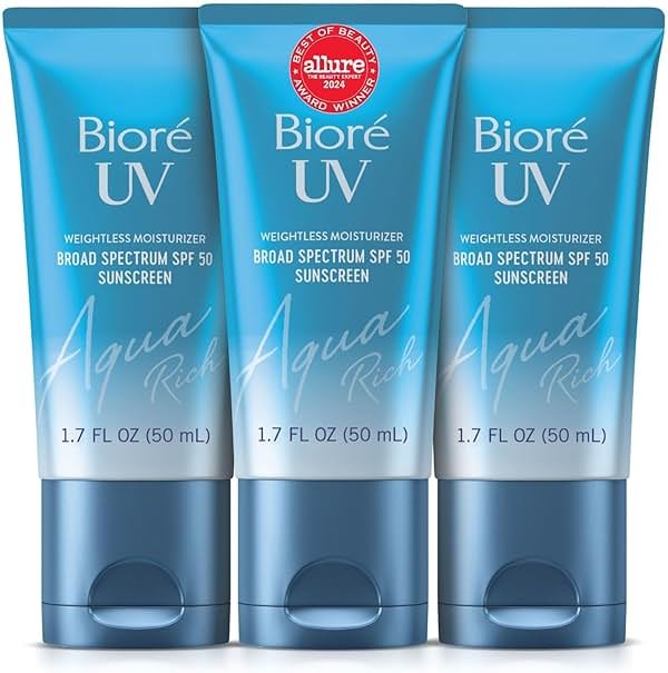 Biore UV Aqua Rich SPF 50 Moisturizing Sunscreen for Face, Oxybenzone & Octinoxate Free, Dermatologist Tested, Vegan, Cruelty Free, For Sensitive Skin, 1.7 Oz, Pack of 3,White - Product Image
