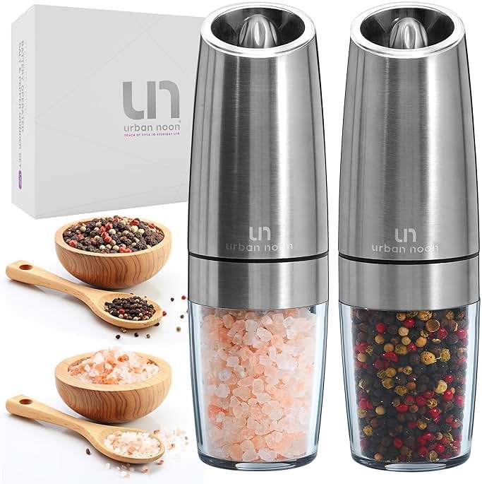 Urban Noon Gravity Salt and Pepper Grinder Set - Battery Operated Stainless Steel Mills with Light (2 Grinders) - Automatic One Handed Operation - Electric Adjustable Shakers - Ceramic Grinders - Product Image