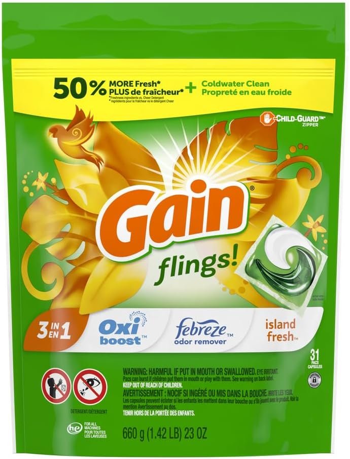 Gain Flings Laundry Detergent Pacs, 31 Count, Island Fresh Scent, 3 in 1 HE Detergent Pacs with Oxi Boost and Febreeze - Product Image