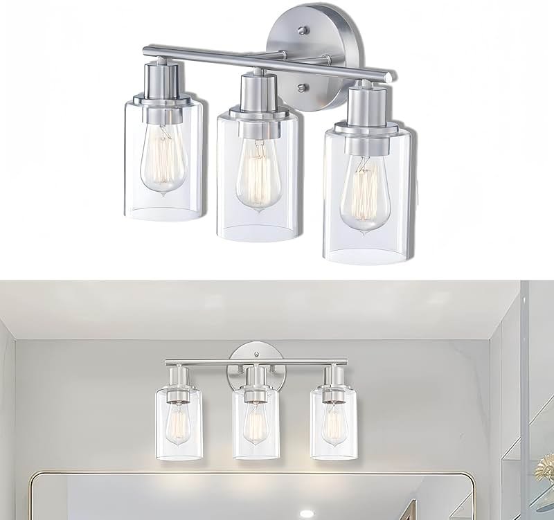 WISBEAM Brushed Nickel Bathroom Vanity Light, 3 Light Bathroom Light Fixtures Over Mirro with Clear Glass Shade Including E26 Medium Base, Bulb NOT Included - Product Image