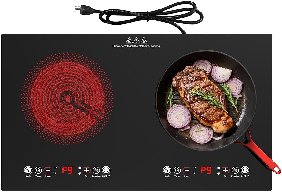 Electric Cooktop, 24 Inch 2 Burner Cooktop 110V, Built-in and Countertop Stove Top Plug in, 2400W Electric Stove, Compatible for All Cookware,Timer & Kid Safety Lock - Product Image