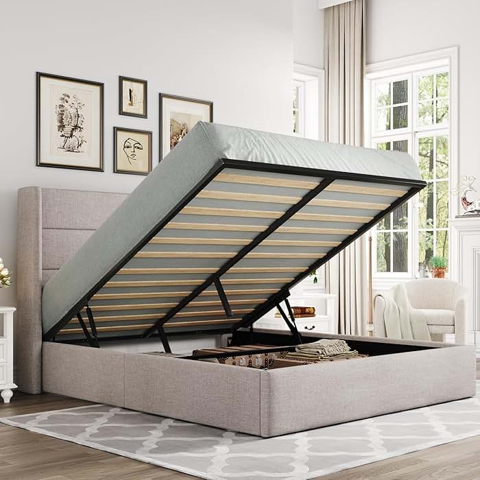 Allewie Queen Size Lift Up Storage Bed, Modern Wingback Headboard, Hydraulic Support, No Box Spring Needed, Light Beige - Product Image