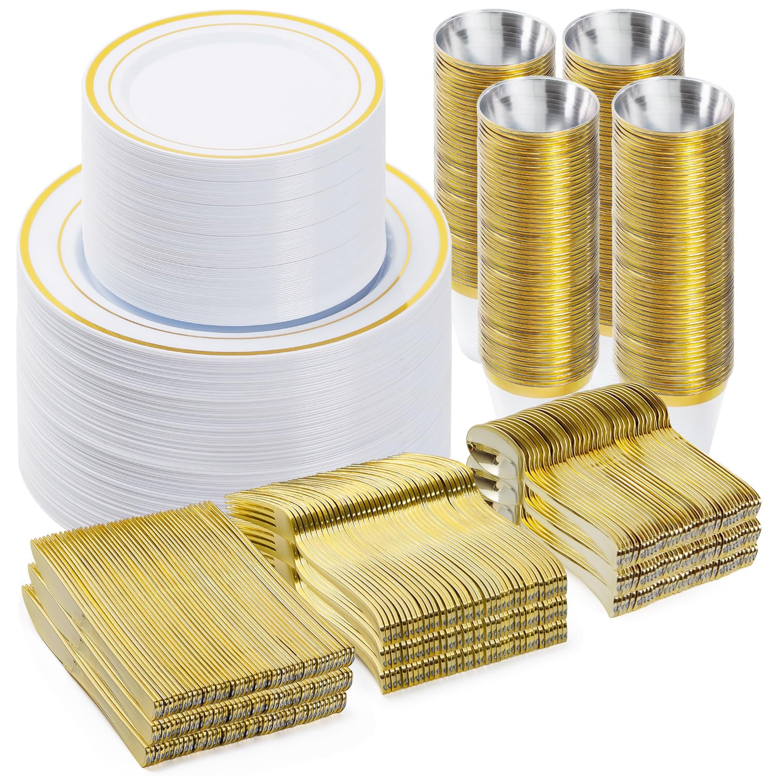 BESTVIP 600PCS Gold Dinnerware Set for 100 Guests, Plastic Plates for Party, 100 Gold Disposable Plates, 100 Dessert Plates, 100 Cups, 100 Spoons, 100 Forks and 100 Knives - Product Image
