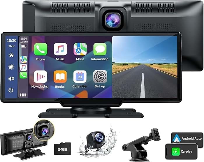 LAMTTO 9.26" Wireless Carplay and Android Auto with 2.5K Dash Cam, 1080P Backup Camera, Portable Touchscreen GPS Navigation for Car, Car Stereo Receiver with Bluetooth,AirPlay,AUX,FM,Googel,Siri - Product Image