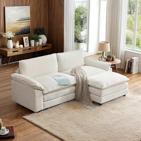 VINGLI 87" Convertible Sectional Sofa,L-Shaped Deep Seat Sofa Couch for Living Room,Modern 2-Seat Loveseat Sofa with Ottoman for Small Space(Creamy White, 87") - Product Image