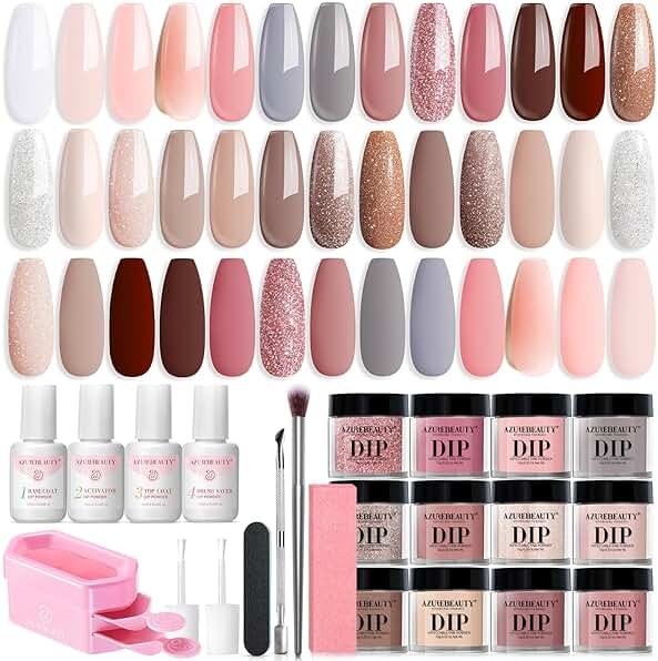 AZUREBEAUTY 31 Pcs Dip Powder Nail Kit 20 Colors Glitter Nude Brown Pink White Gray Dip Powder Liquid Set with Top/Base Coat Activator for French Nails Art Manicure DIY Salon Women Valentine's Gift - Product Image