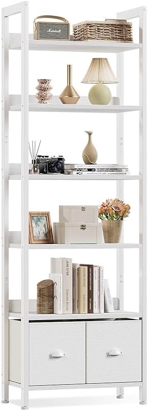 Furologee White 6 Tier Bookshelf with Drawers, Tall 71" Bookcase with Shelves, Modern Wood and Metal Bookshelves Storage Organizer, Display Free Standing Shelf Unit for Bedroom, Living Room, Office - Product Image