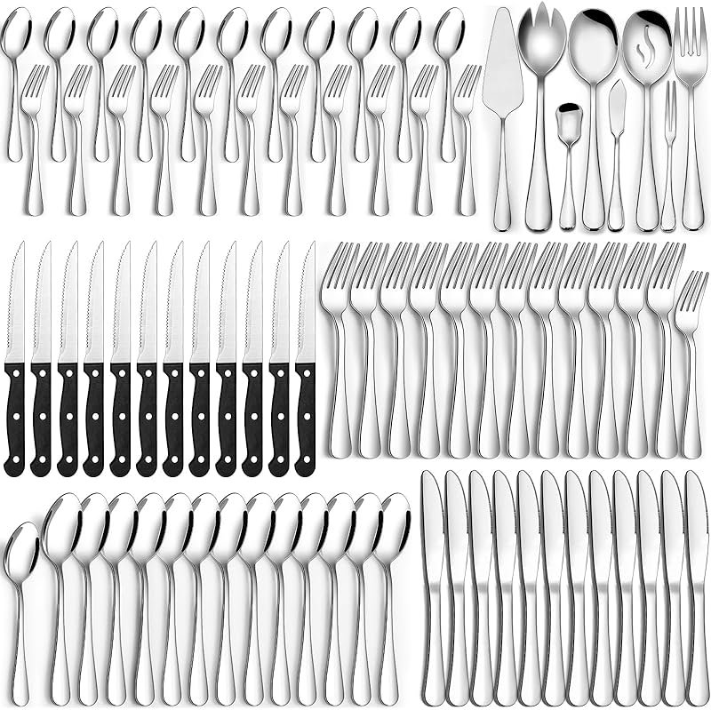 80 Pieces Silverware Set with Serving Utensils Set, CEKEE Stainless Steel Flatware Set for 12 with Steak Knives, Heavy Duty Cutlery Set, Kitchen Utensil Sets for Home Restaurant, Dishwasher Safe - Product Image