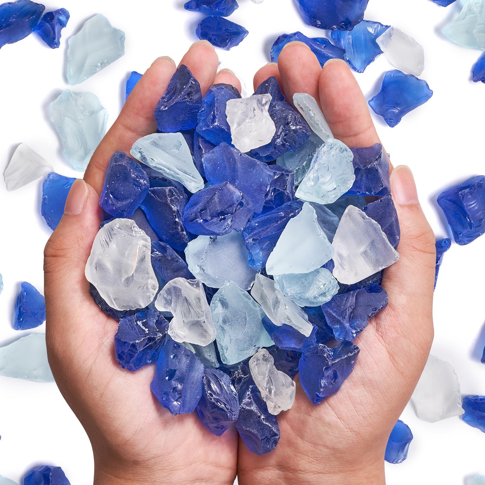Versatile Frosted Sea Glass Block - 1LB Blue Vase fillers, Aquarium Gravels, Sea Glass Decor, Ideal for DIY Crafts, and Home Decor - Perfect for Beach Weddings and More (Cobalt & Turquoise & White) - Product Image