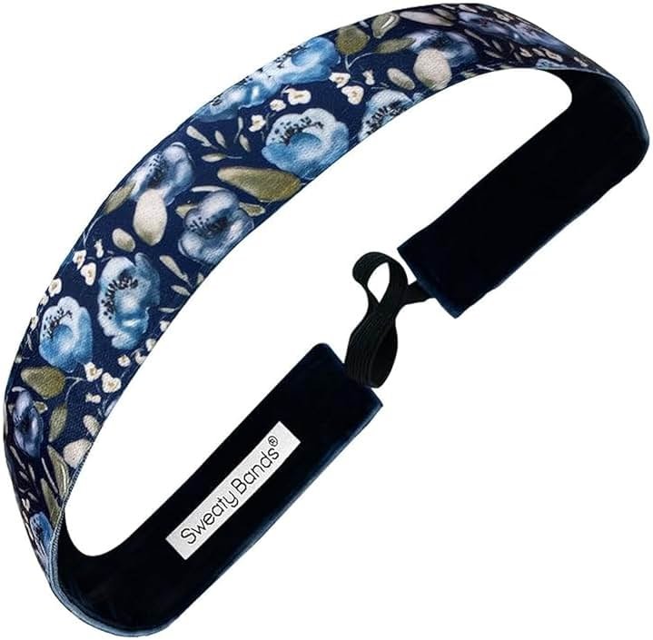 Sweaty Bands Womens Girls Headband for an Active Fitness Lifestyle - Sweat-Wicking Non-Slip Velvet-Lined Stylish Floral Fitness Hairband - No Rain No Flowers Blue 1-Inch - Product Image