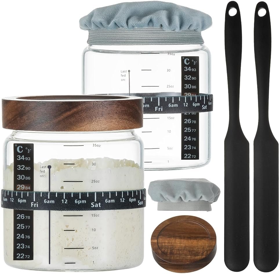 Wissy&Konny Sourdough Starter Jar 2Pack 35OZ with Ounce Scale Line,Date Marked Feeding Band, Thermometer, Sourdough Jar Scraper, Cloth Cover & Wood Lid, Wide Mouth for Sourdough Bread Baking - Product Image