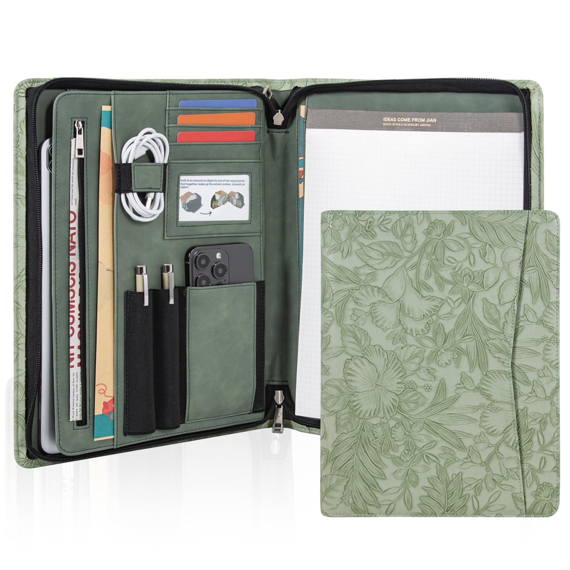 AZXCG Leather Portfolio with Zipper, Embossed Leather Padfolio for Women, Professional Business Portfolio Organizer fits 13" Tablet, Writing Pad Holder, Gifts for Women/Men, Valentine's Day Gift - Product Image