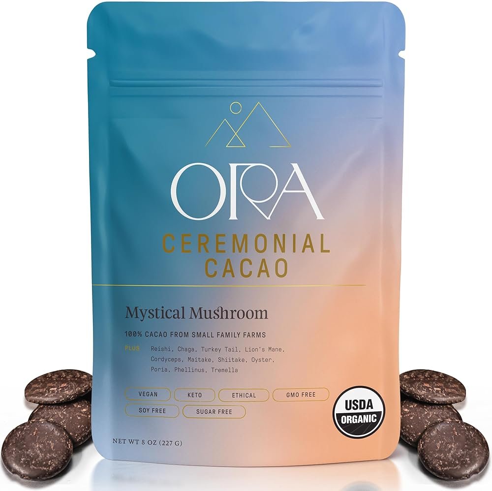 ORA Ceremonial Cacao - Mystical Mushroom - Organic 100% Cacao with Lion's Mane, Reishi, Chaga - Adaptogenic - Ethical - High Flavanol - Unsweetened - Heavy Metals Tested - 8oz - Product Image