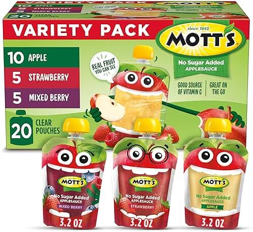 Mott's No Sugar Added Applesauce Variety Pack, 3 Flavors – Apple, Strawberry & Mixed Berry, Made from Real Fruit, No Artificial Flavors, 3.2 oz Clear Pouches, 20 Pack - Product Image